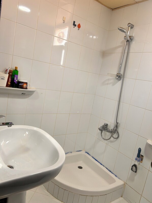 Ein Badezimmer mit Waschbecken, Bidet und Dusche. Auf einem Regal befinden sich Pflegeprodukte.