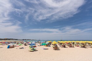 Une plage avec de nombreux parasols et des chaises longues.