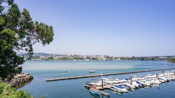 A marina with boats docked, calm water, and a distant cityscape.