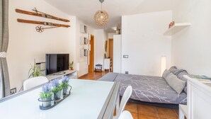 Ein gemütlicher Wohnbereich mit Esstisch, Sofa, Fernseher und Skiern an der Wand.