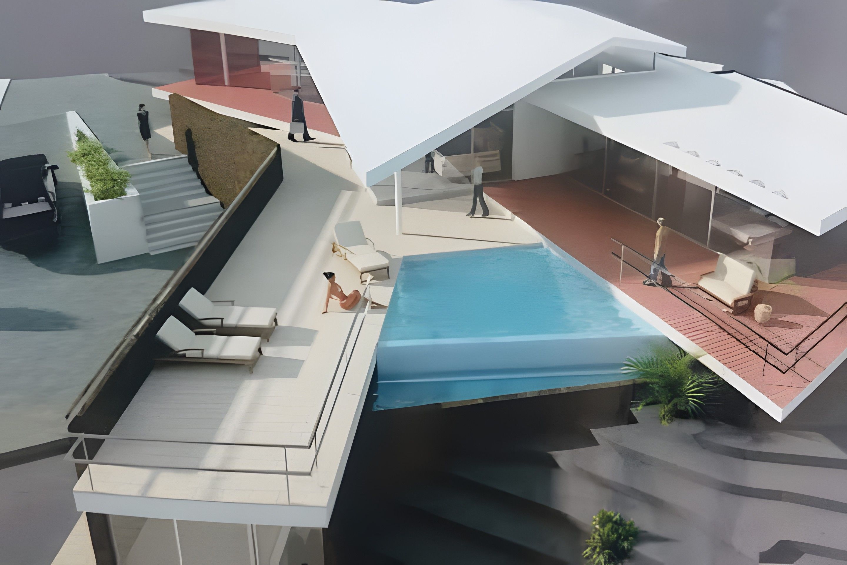 Ein modernes architektonisches Design mit Pool auf dem Dach, Sitzgelegenheiten im Freien und einer Treppe.