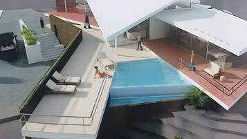 Ein modernes architektonisches Design mit Pool auf dem Dach, Sitzgelegenheiten im Freien und einer Treppe.