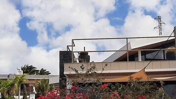 Un edificio moderno con una pared de piedra en primer plano, cielo despejado y una línea eléctrica al fondo.