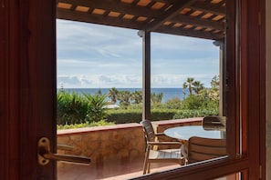 A view from a room with a stone wall and a wooden door, overlooking a patio with a table and chairs, palm trees, and the ocean.
