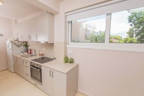 Køleskab, ovn, kogeplade, køkkentøj/tallerkener/redskaber