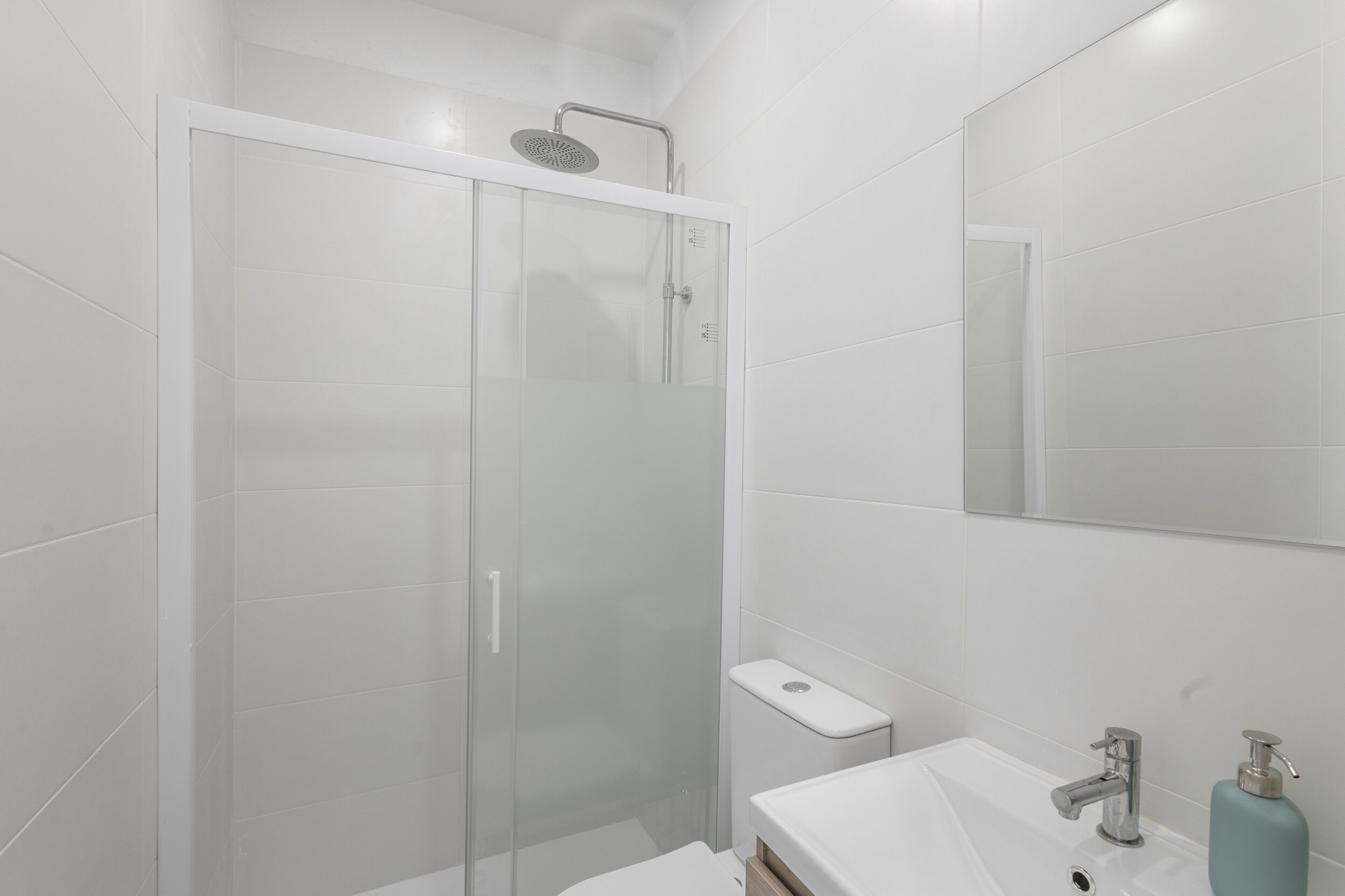 A modern bathroom with a glass shower enclosure, a white sink with a chrome faucet, and a mirror above the sink.