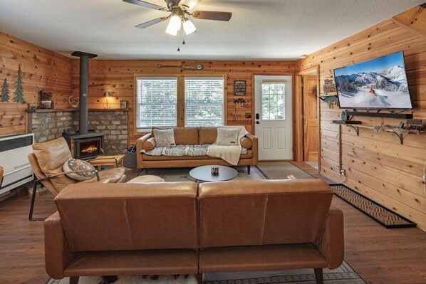 Smart TV, fireplace, video games, DVD player