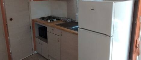 Fridge, microwave, stovetop, cookware/dishes/utensils