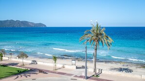 A beach with a palm tree, a bench, and a clear blue sky. - Apartment 'Sa Maniga' with Sea View, Wi-Fi and Air Conditioning (Sant Llorenç des Cardassar)