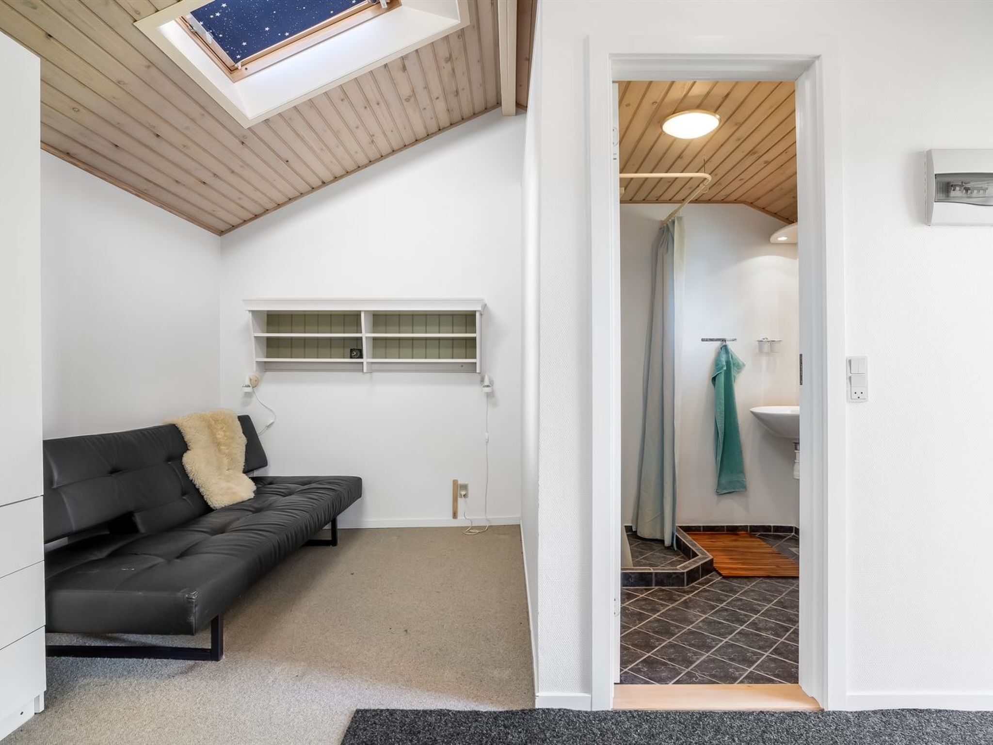 A compact living space with a lofted ceiling, a sofa, a window with a starry view, and a bathroom visible through an open door.