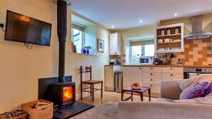 Una sala de estar acogedora con chimenea, televisor y un sofá cómodo.