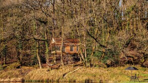 A wooden cabin surrounded by trees, with a small dock extending into a calm body of water. - Treehouse in Germansweek near Dartmoor Trails (Germansweek)