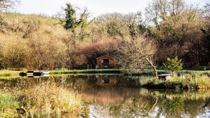 A wooden cabin by a calm pond with reflections, surrounded by trees and shrubs. - Treehouse in Germansweek near Dartmoor Trails (Germansweek)