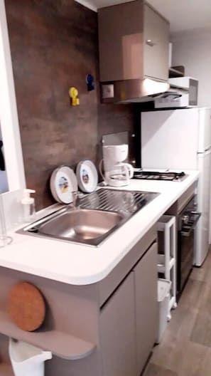 Fridge, microwave, stovetop, coffee/tea maker