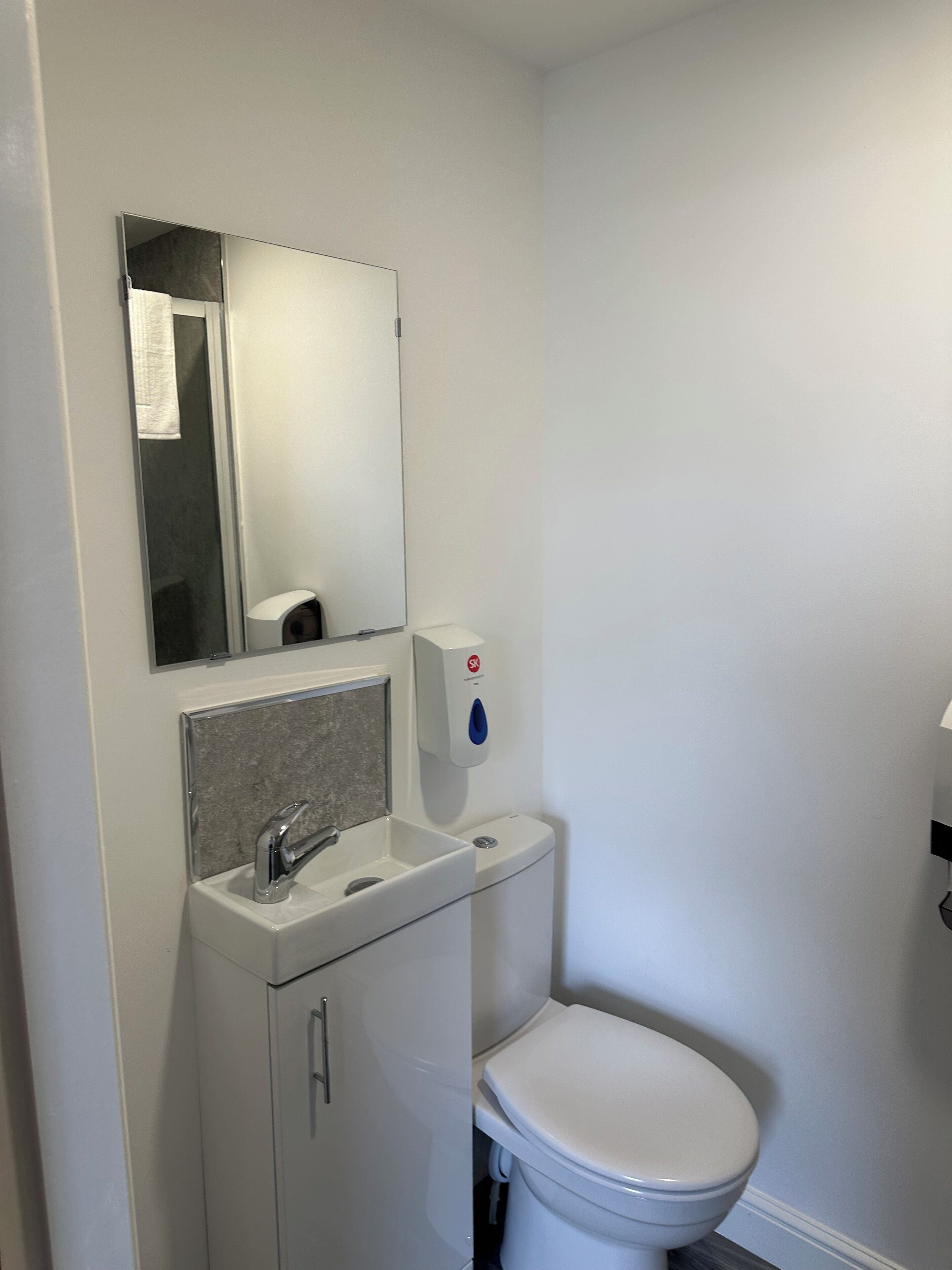 A small, clean bathroom with a white sink, mirror, and toilet.