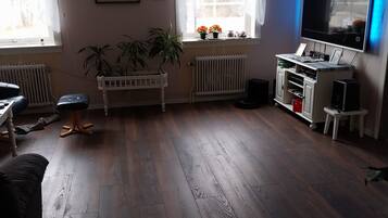 Smart TV, lareira, DVD player, aparelho de som