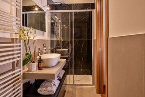 Shower, eco-friendly toiletries, hair dryer, towels