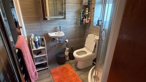 A bathroom with a shower, toilet, sink, and a mirror. - Room-king Size - Ensuite Room (London)