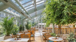 Ein Restaurant mit Korbmöbeln, großen Fenstern und Zimmerpflanzen.