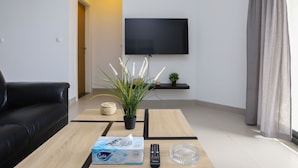 Un salon moderne avec un canapé en cuir noir, une table basse en bois, un téléviseur à écran plat fixé au mur et une plante en pot.