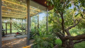 Ein modernes Interieur mit Glaswand, Trainingsgeräten und einem großen Baum davor.