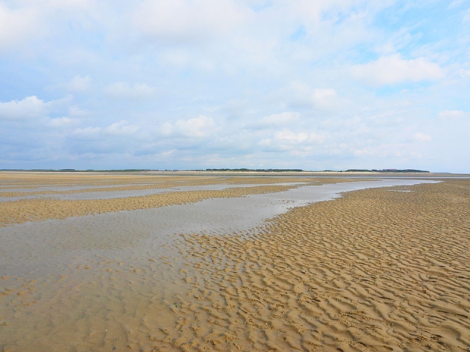 A wide sandy beach with gentle waves and a clear sky.