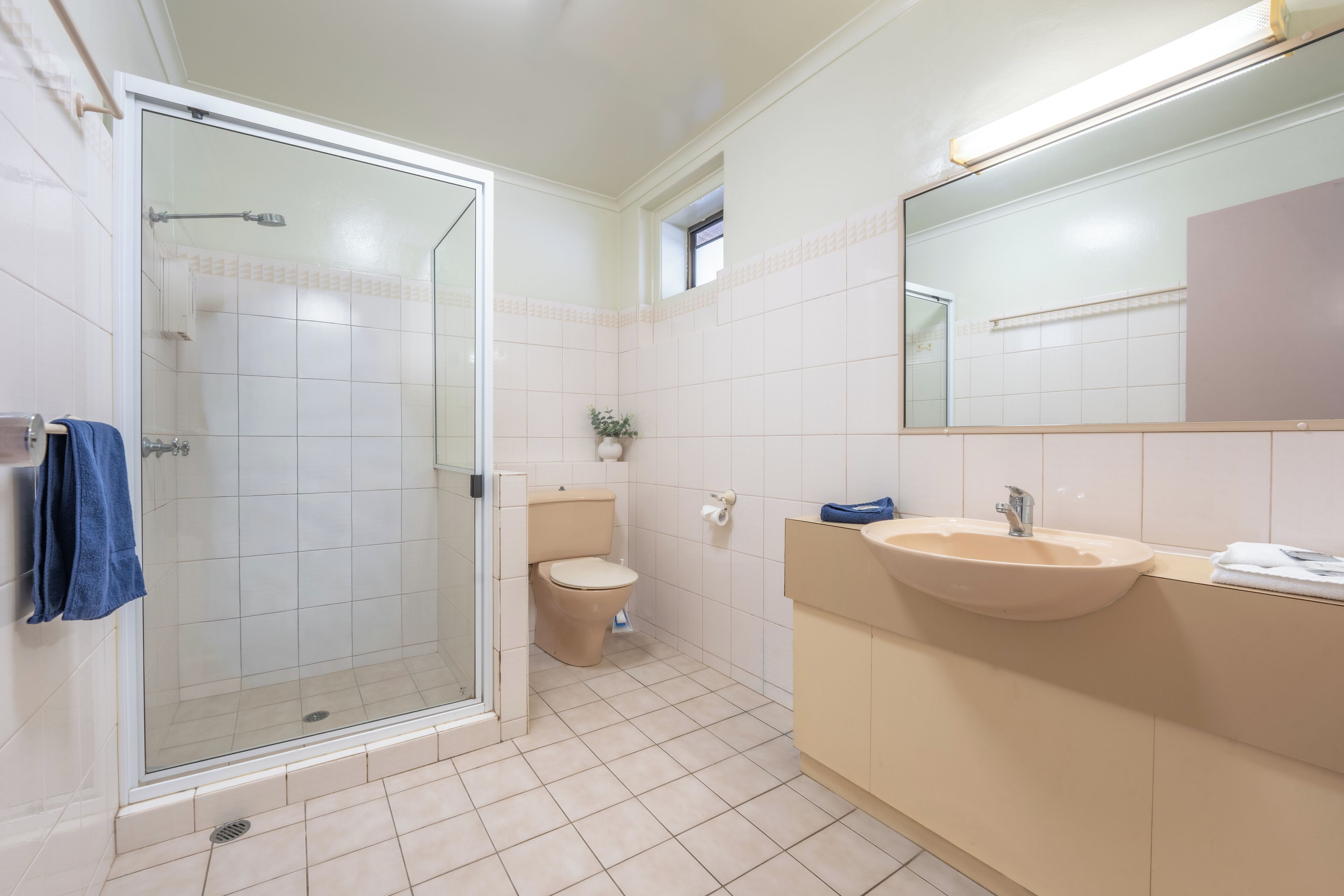 Een badkamer met een douchecabine, toilet, wastafel en spiegel.