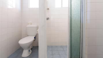 Ein Badezimmer mit Toilette, einer Dusche mit Glastür und gefliesten Wänden.