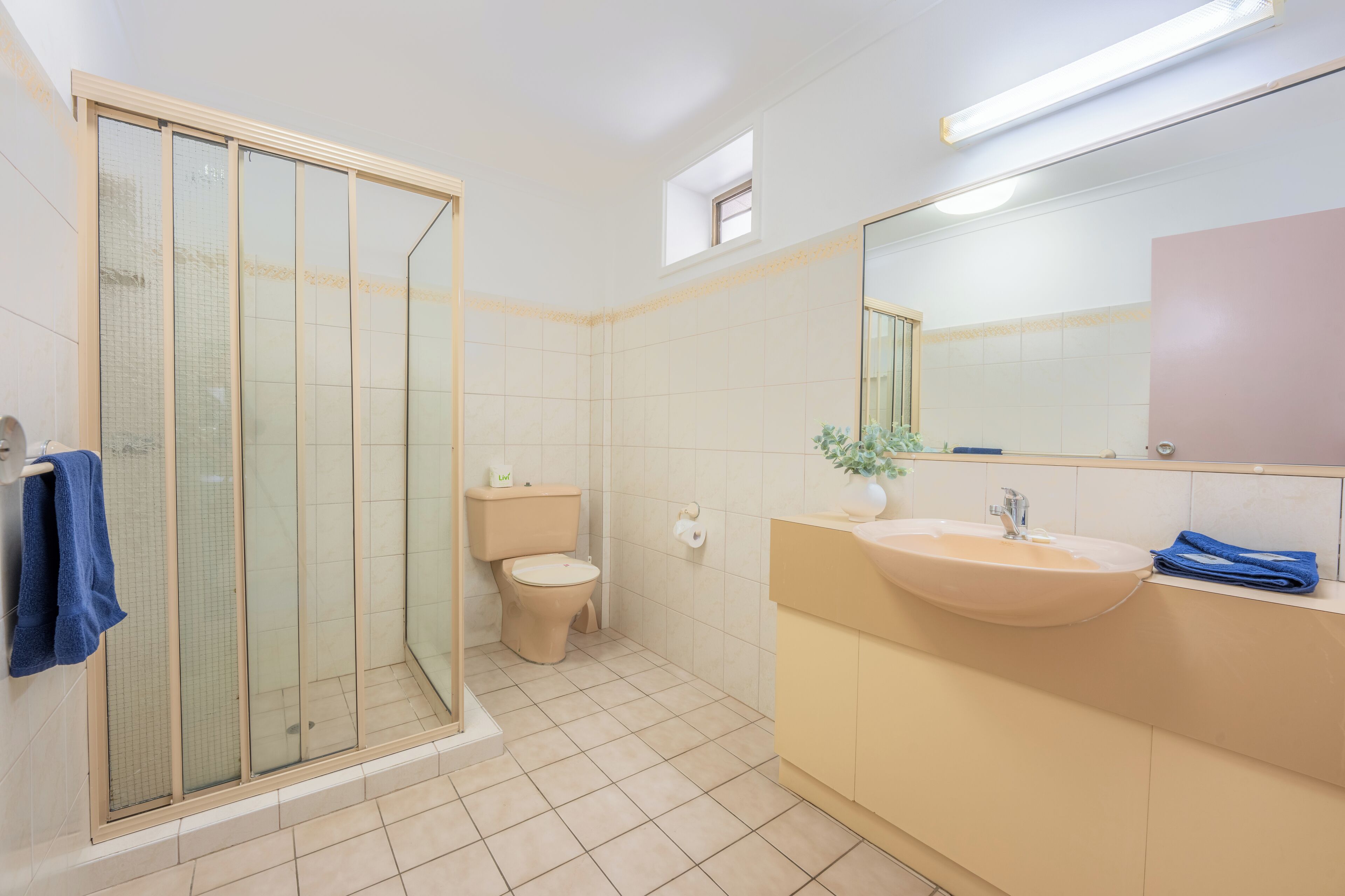 Een badkamer met een douchecabine van glas, een toilet, een wastafel en een spiegel.