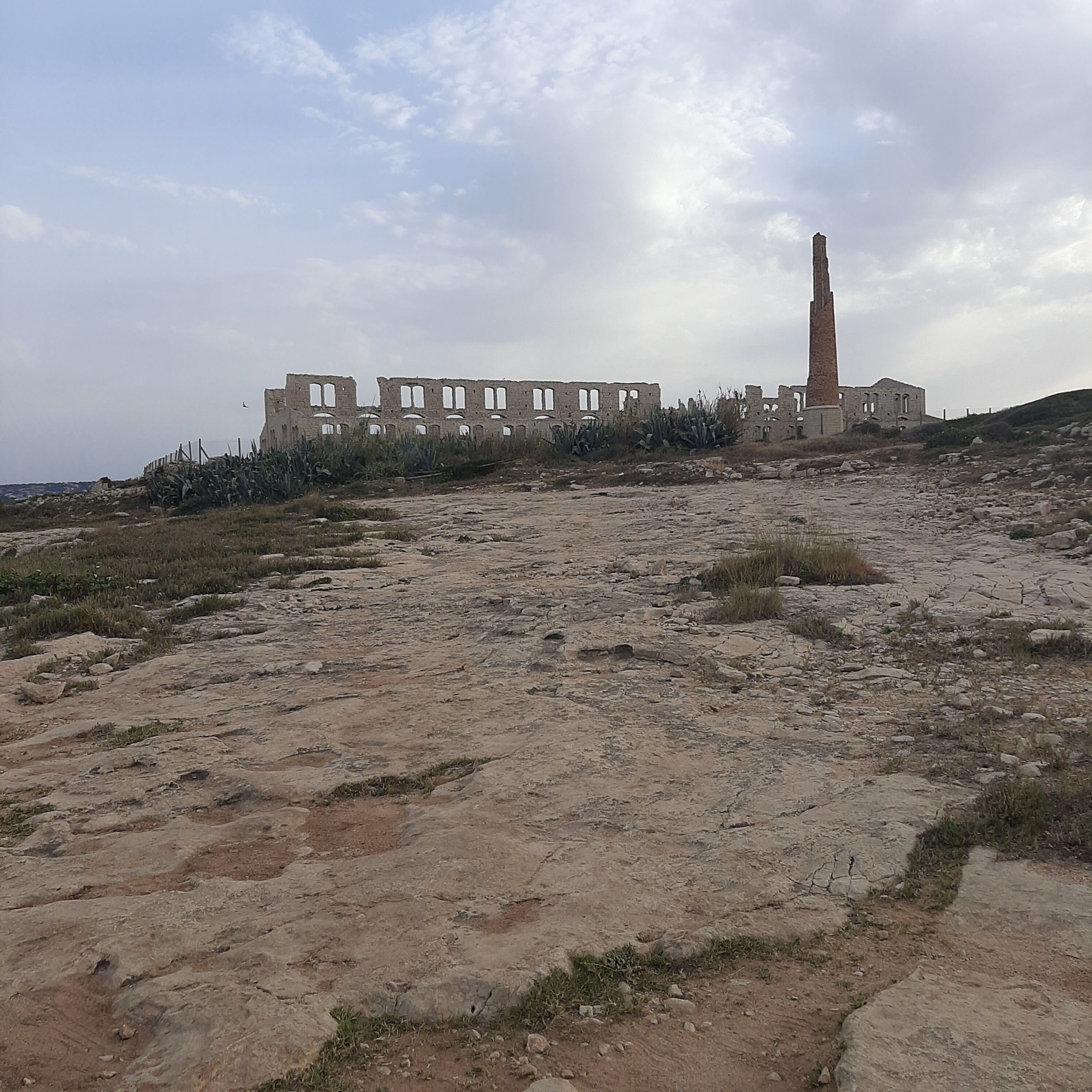 A historical site with ruins and a tall tower, featuring a rocky terrain and sparse vegetation.