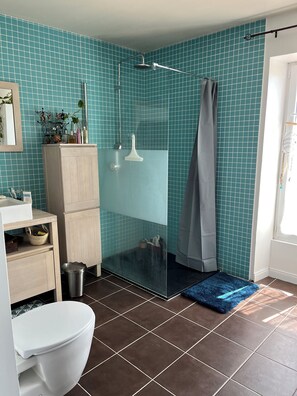 Een badkamer met een douche, toilet en wastafel.