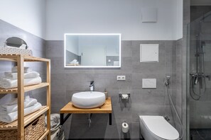 Chuveiro, secador de cabelo, toalhas de banho 