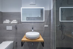 Douche, séchoir à cheveux, serviettes fournies