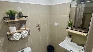 Douche, bidet, serviettes fournies, papier toilette