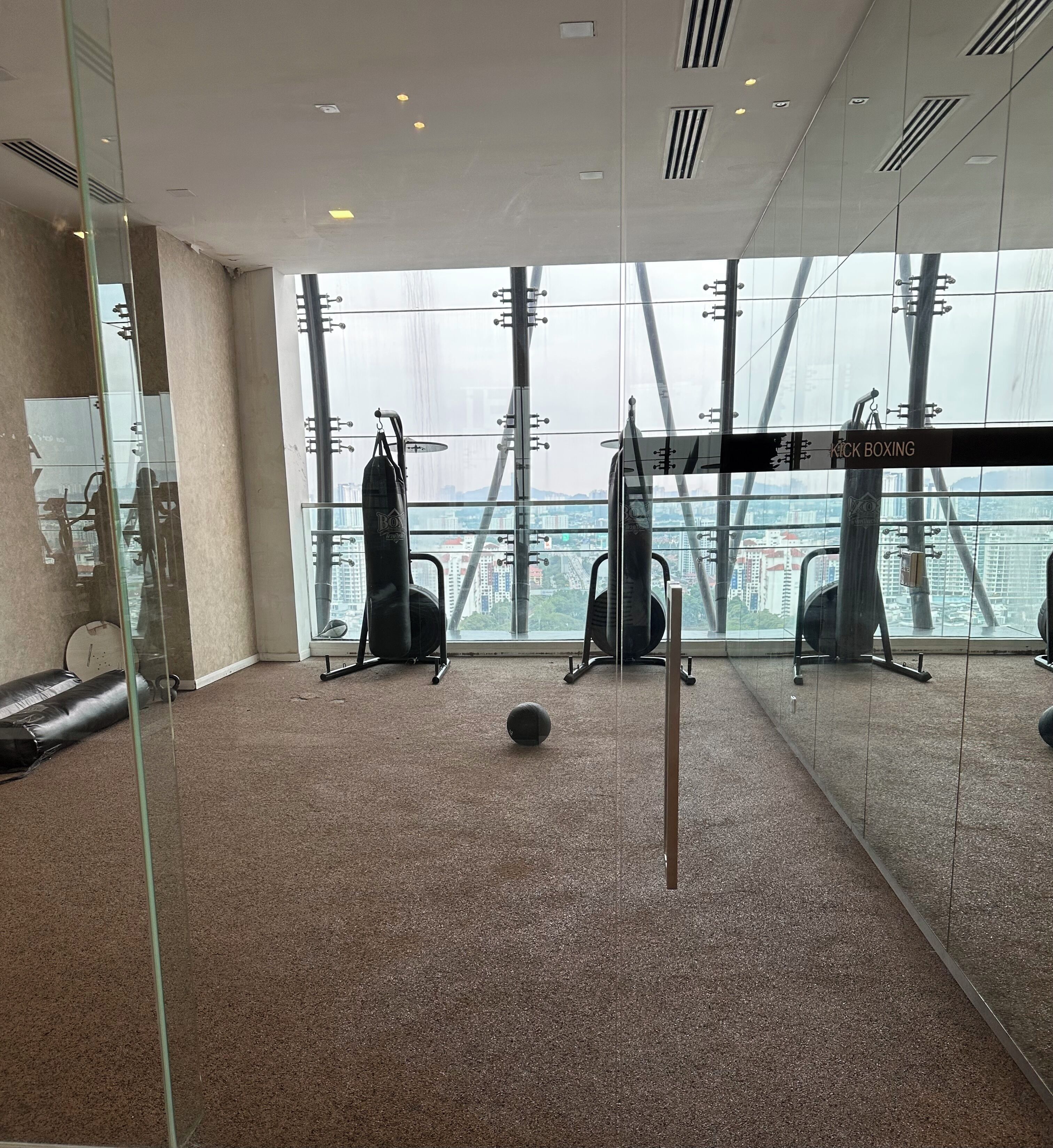 Une salle de sport équipée de matériel d’exercice, d’un sac de frappe et offrant une vue sur le paysage urbain grâce à de grandes fenêtres.