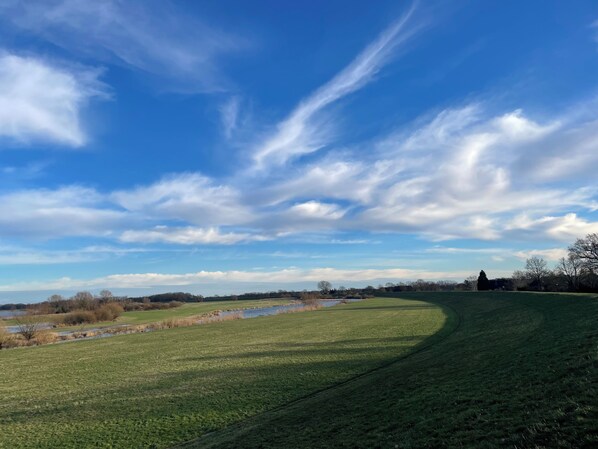 A grassy field with a curved path leading to a body of water, under a partly cloudy sky. - MoJo's Tiny House on the Elbe (Bleckede)