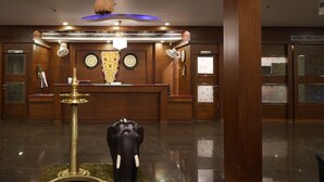 Una zona de recepción con un mostrador de madera, una lámpara de latón, una escultura decorativa de elefante y un candelabro.