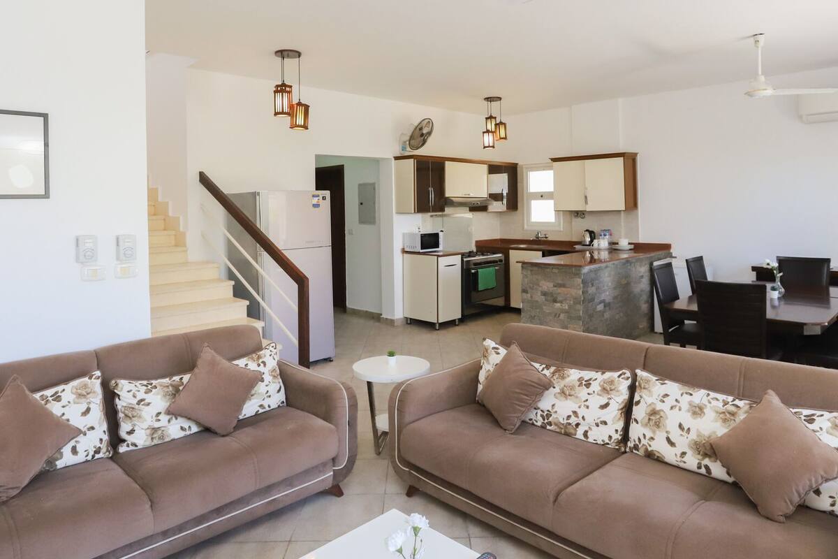 Un appartement moderne comprenant deux canapés, un coin repas, une cuisine et un escalier.