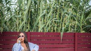 A person sitting on a bench outdoors with a red fence and tall green plants in the background. - Casa Chris (Chania)