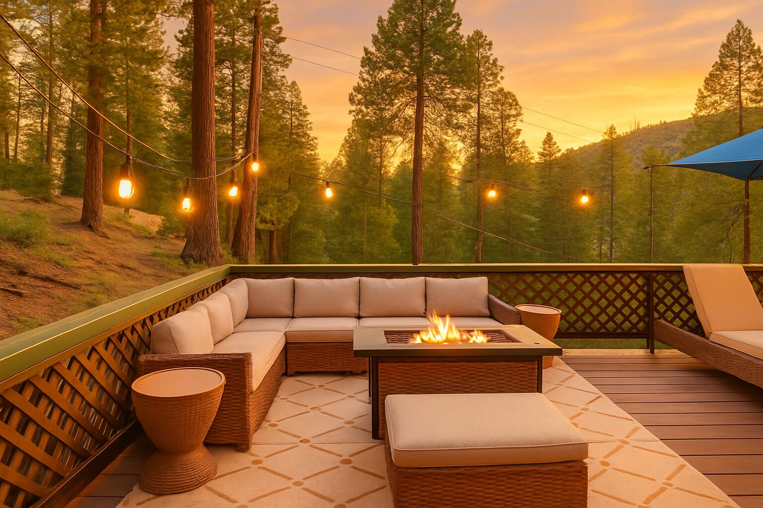 An outdoor deck with a sofa, a fire pit, and string lights.