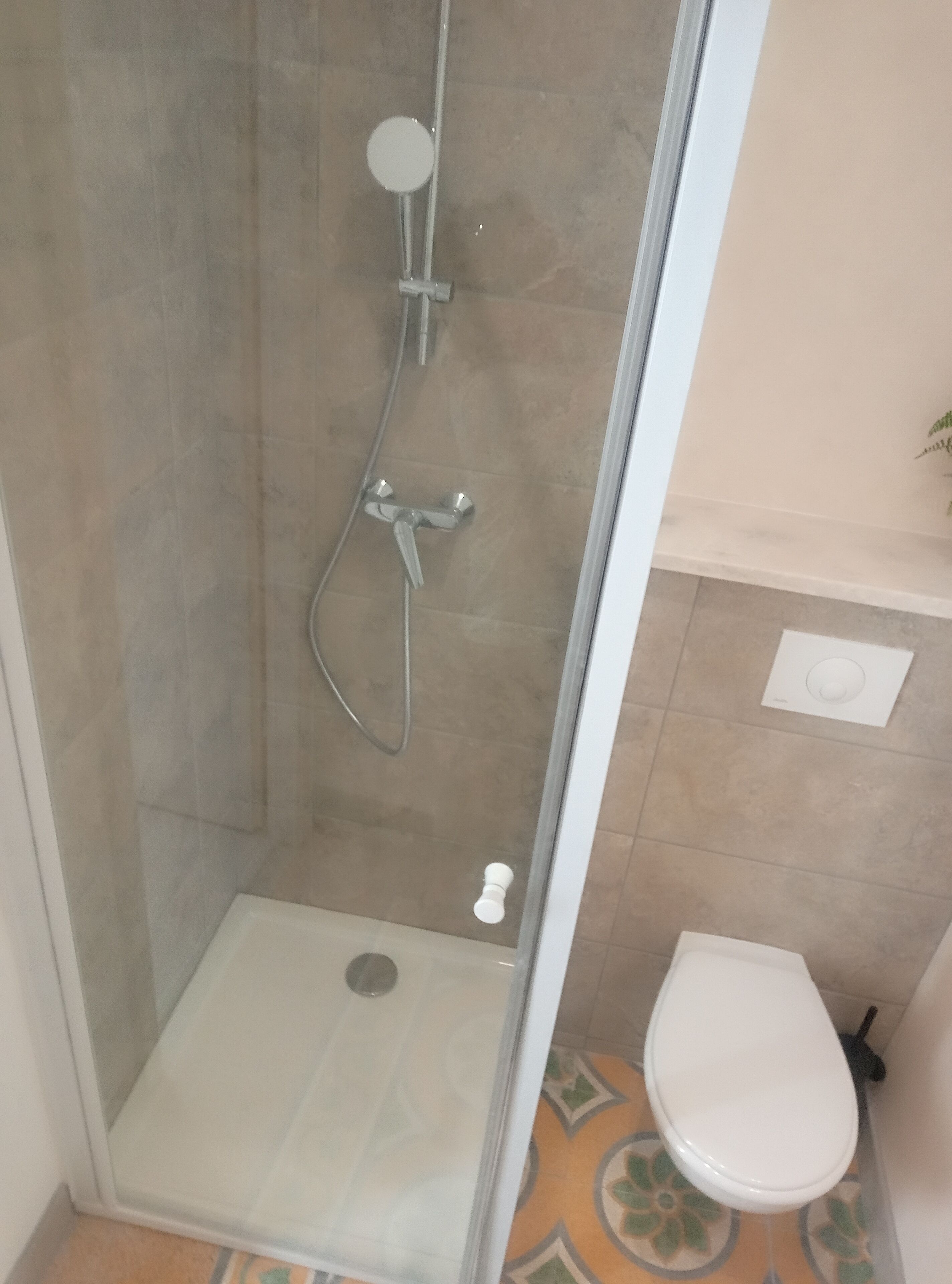 A shower area with a glass door, a toilet, and a small sink.