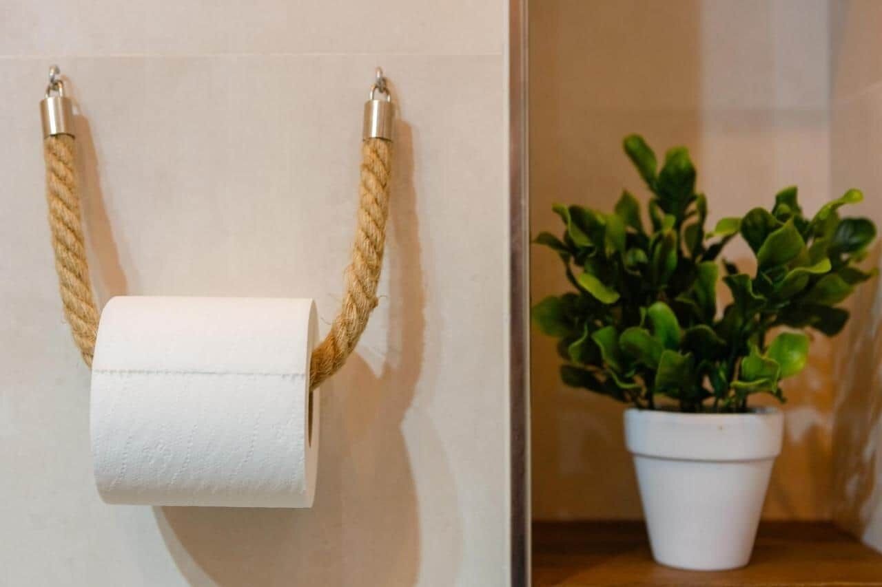 Een toiletpapierrol bevestigd aan een muur met een touwhandvat, en een bloempot op een tafel.