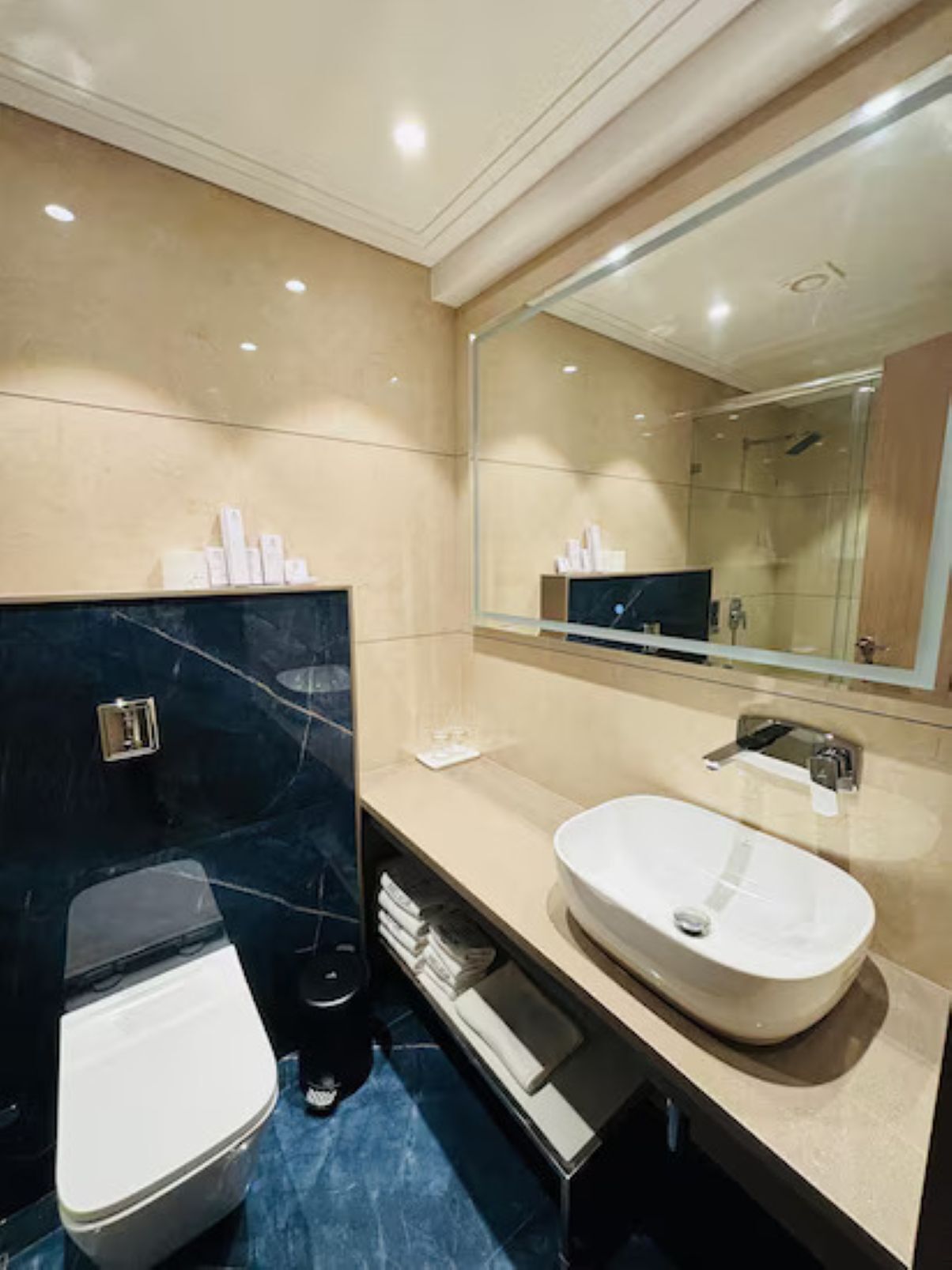 Ein modernes Badezimmer mit Marmor-Waschtisch, einem großen Spiegel und einer Toilette.