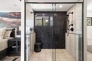 Shower, hair dryer, shampoo