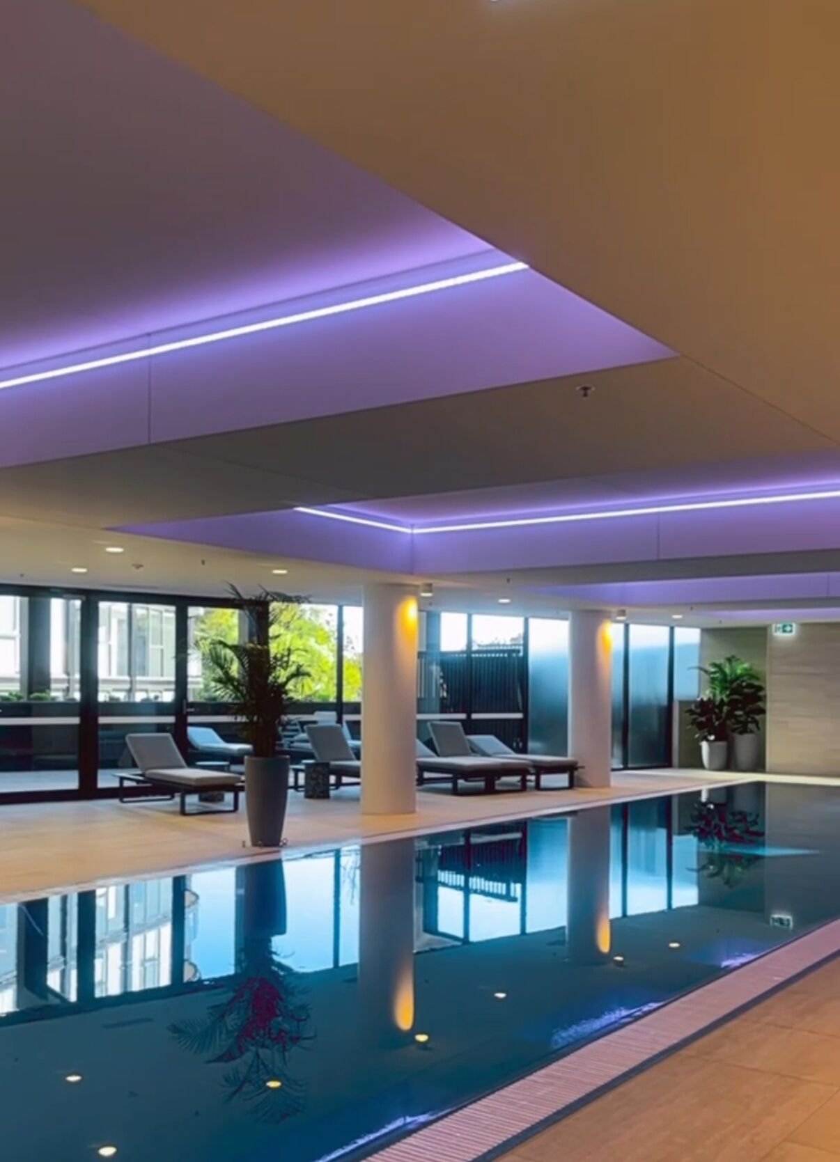 An indoor swimming pool with lounge chairs and potted plants, surrounded by large windows.