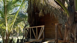 Eine Holzhütte mit einem Reetdach, umgeben von Palmen und einem gepflasterten Bereich.
