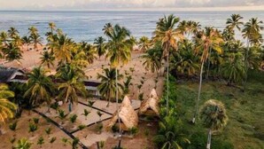Ein Strand mit Palmen und einem strohgedeckten Gebäude.