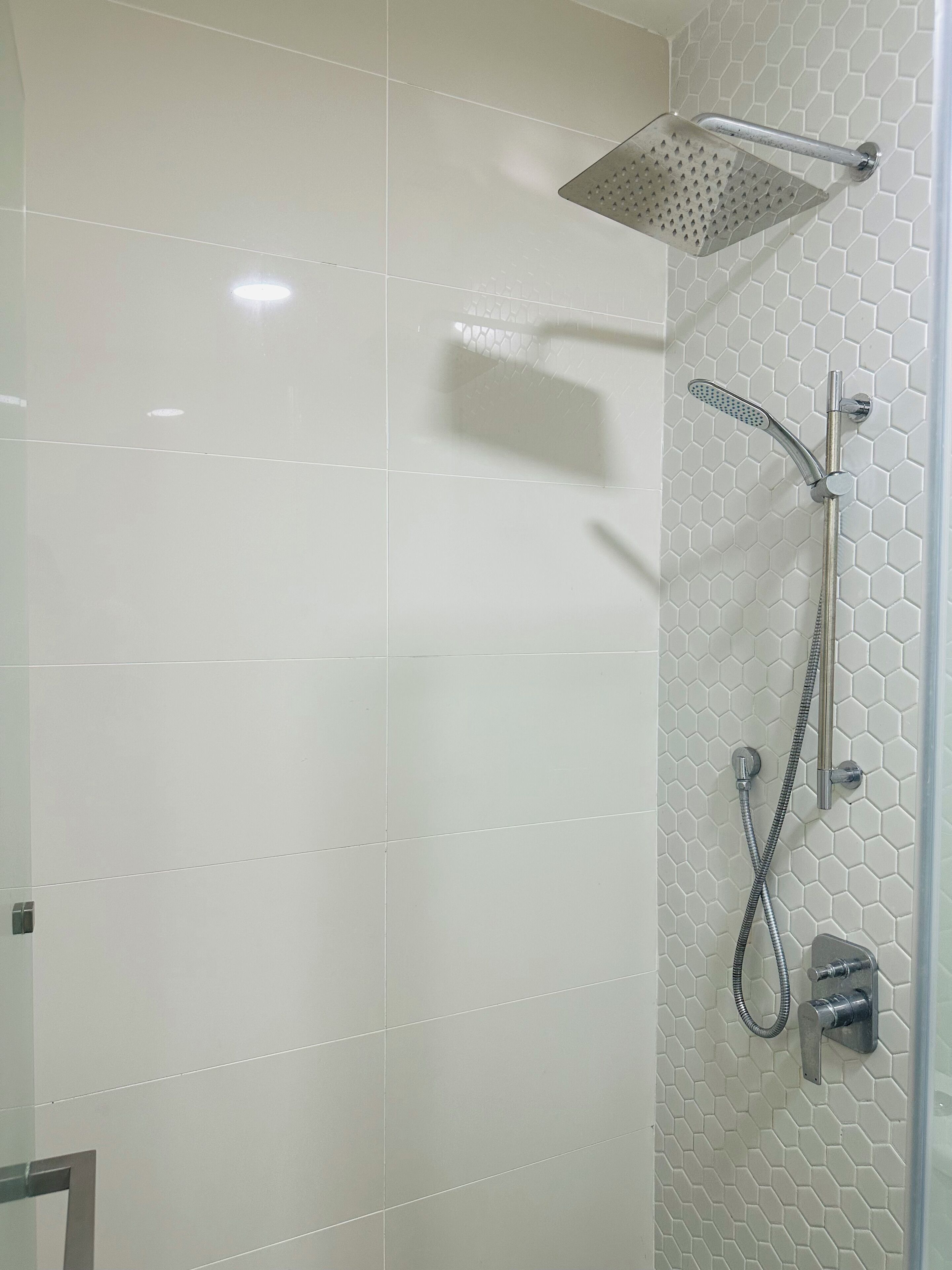 A shower area with a glass door, a handheld showerhead, and a wall-mounted showerhead.