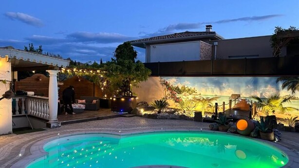 Una piscina de borde curvo, rodeada por una zona pavimentada y un muro decorativo con plantas e iluminación.
