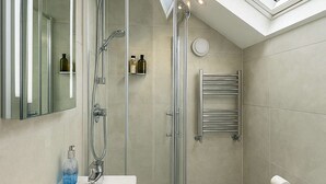 A modern bathroom with a skylight, a glass shower enclosure, a white sink, and a toilet.